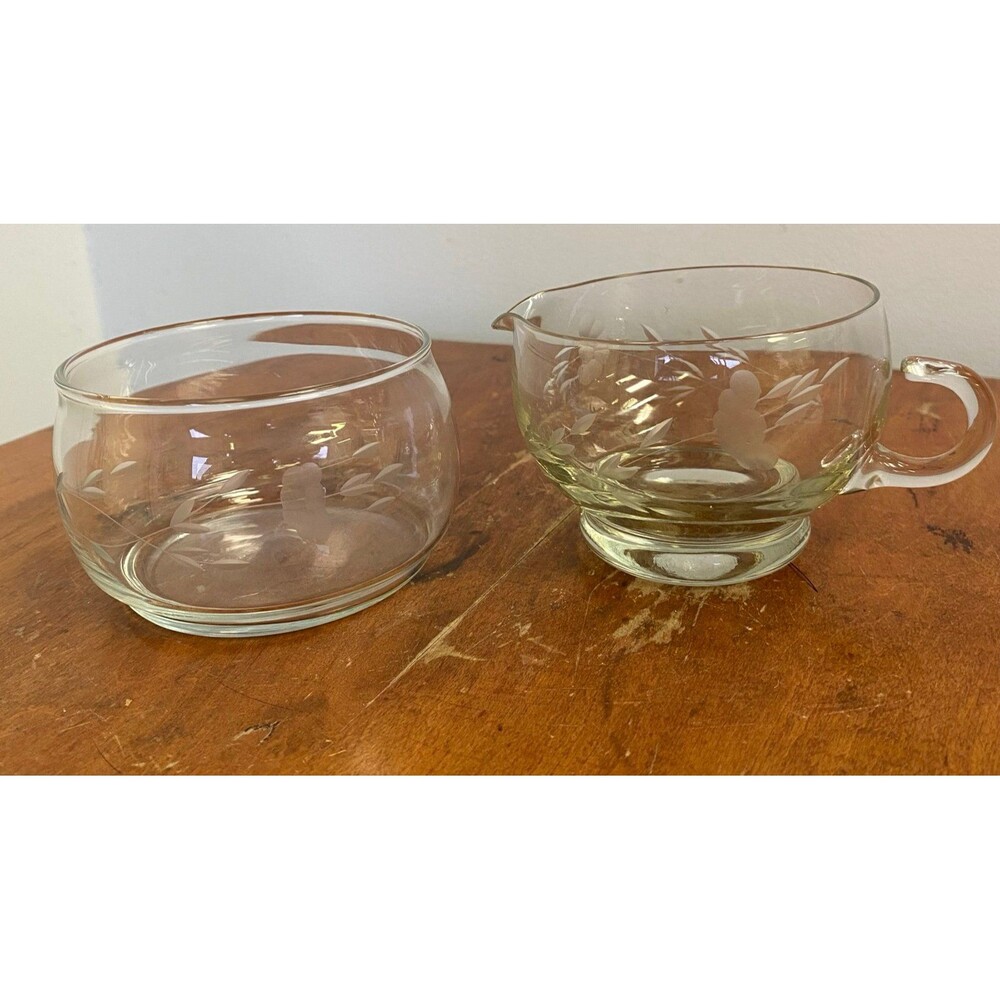 Vtg Princess House Crystal Heritage Open Sugar Bowl & Creamer Etched Floral